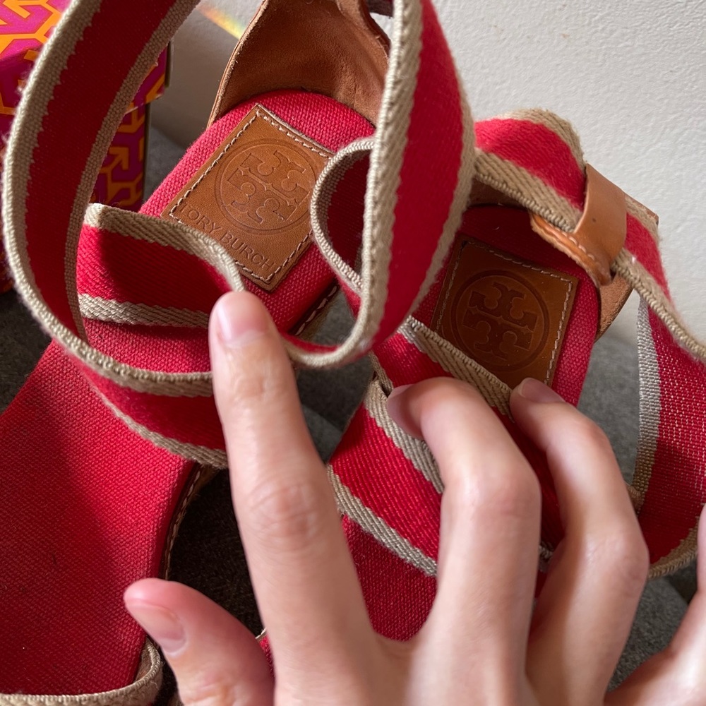 Tory Burch Straw Wedge High Heel Sandals - Picture 2 of 7